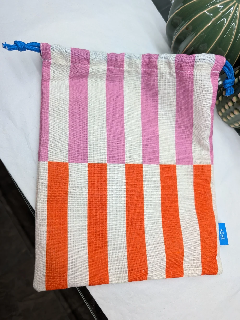 Ipsy Striped Pink, Orange &White Cotton Drawstring Bag